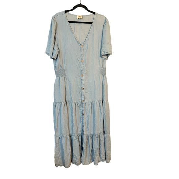Hayden Dress Button Front Side Smocked Denim 1XL Tencel Layered Prarie Boho - Picture 1 of 12
